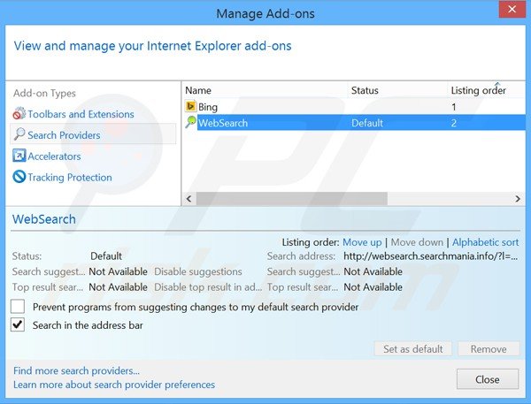 Suppression du moteur de recherche par défaut de websearch.searchmania.info dans Internet Explorer 