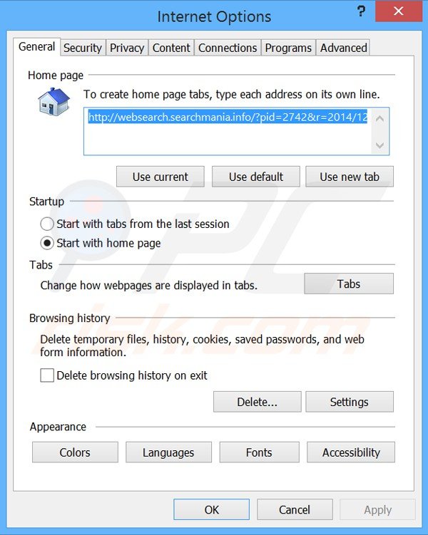 Suppression de la page d'accueil de websearch.searchmania.info dans Internet Explorer 