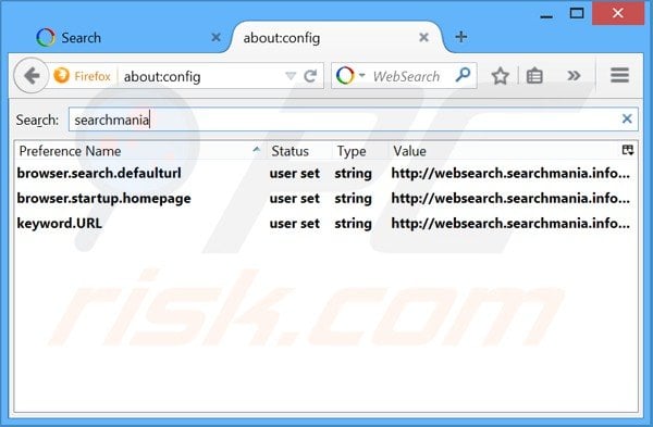 Removing websearch.searchmania.info from Mozilla Firefox default search engine