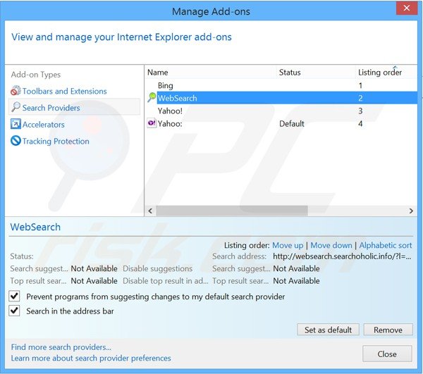 Suppression du moteur de recherche par défaut de searchoholic dans Internet Explorer 