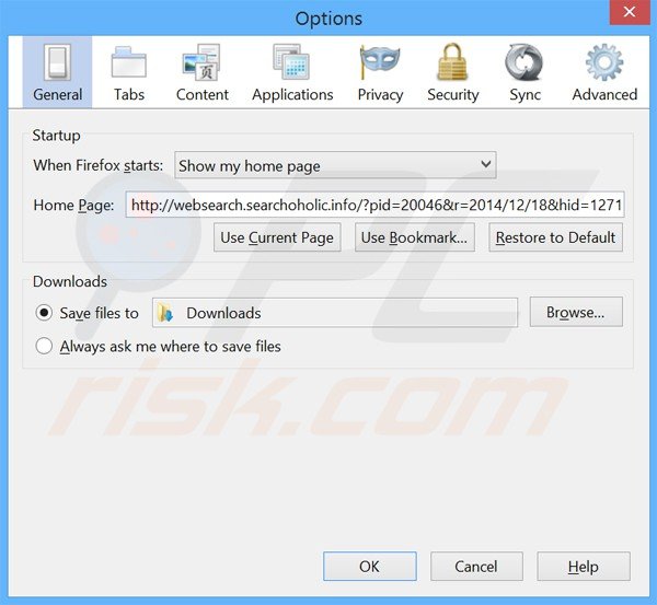 Suppression de la page d'accueil de websearch.searchoholic.info dans Mozilla Firefox 