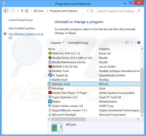 Selection Tools adware uninstall via Control Panel