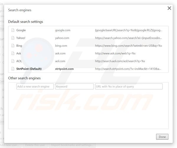 Suppression du moteur de recherche par défaut de search.strtpoint.com dans Google Chrome 