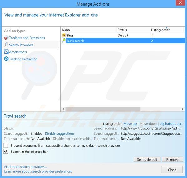 Suppression du moteur de recherche par défaut de search.strtpoint.com dans Internet Explorer 