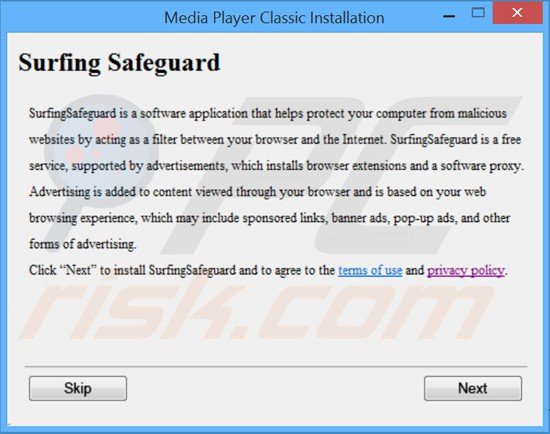 Installateur du logiciel de publicité surfing safeguard 