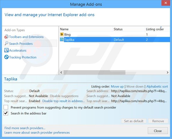 Suppression du moteur de recherche par défaut de taplika.com dans Internet Explorer 