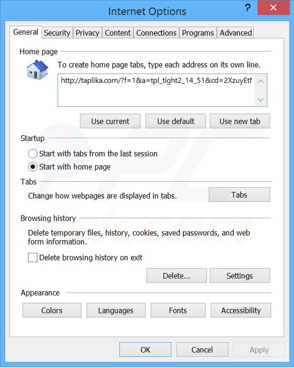 Suppression de la page d'accueil de taplika.com dans Internet Explorer 