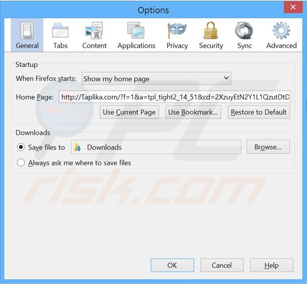 Suppression de la page d'accueil de taplika.com dans Mozilla Firefox 