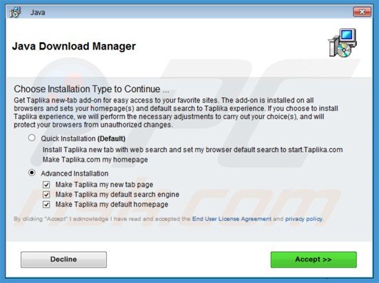 Installateur du pirate de navigateur taplika.com 