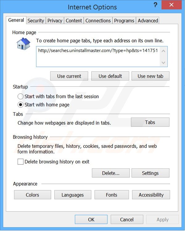 Suppression de la page d'accueil de Uninstall Master dans Internet Explorer 