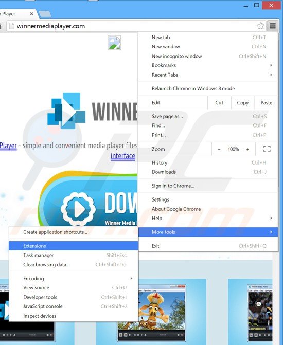 Suppression des publicités Winner Media Player dans Google Chrome étape 1