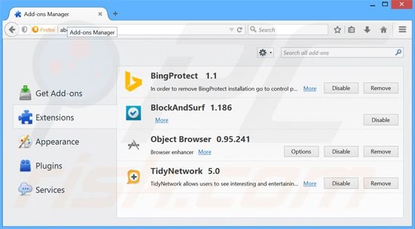 Suppression des extensions reliées à BingProtect dans Mozilla Firefox 