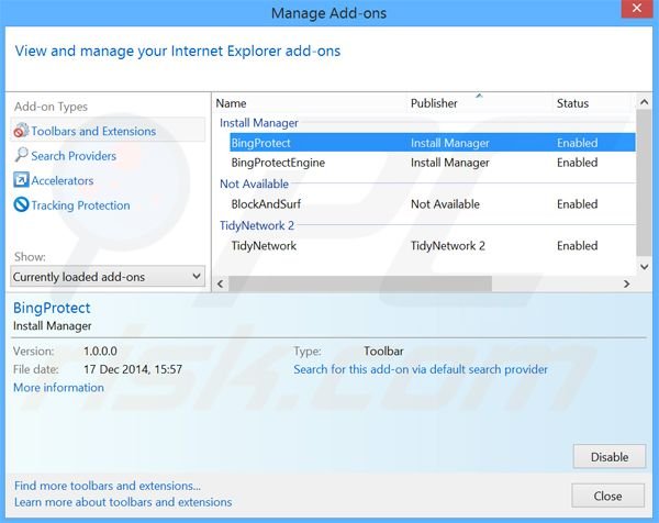 Suppression des extensions reliées à BingProtect dans Internet Explorer 