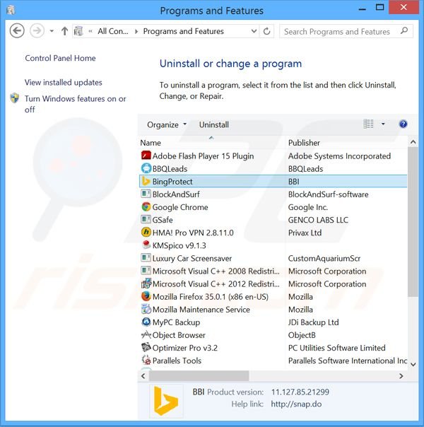 Désinstallation du pirate de navigateur BingProtect via le Panneau de Configuration