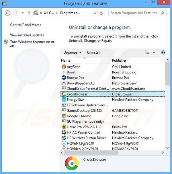 Désinstallation du logiciel de publicité CrossBrowser via le Panneau de Configuration