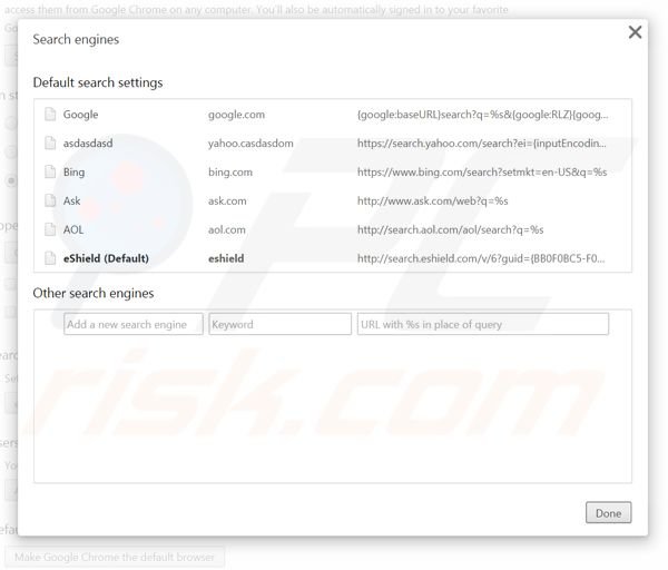 Suppression du moteur de recherche par défaut de search.eshield.com dans Google Chrome 