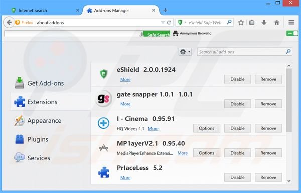 Suppression des extensions reliées à search.eshield.com dans Mozilla Firefox 