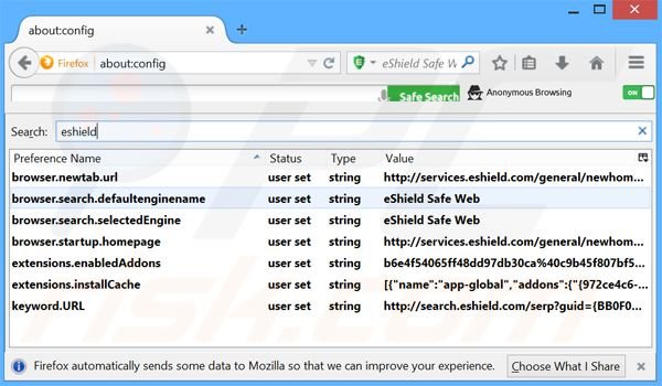 Suppression du moteur de recherche par défaut de search.eshield.com dans Mozilla Firefox 