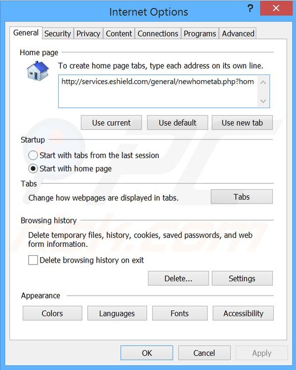 Suppression de la page d'accueil de search.eshield.com dans Internet Explorer 