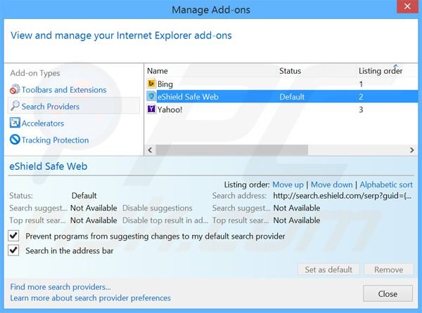 Suppression du moteur de recherche par défaut de search.eshield.com dans Internet Explorer 