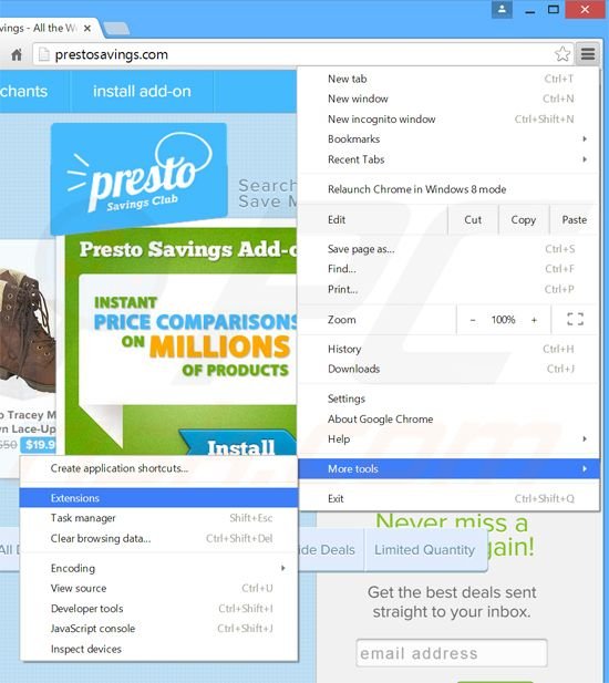 Suppression des publicités Presto Savings dans Google Chrome étape 1