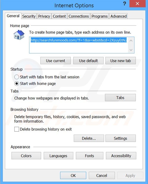 Suppression de la page d'accueil de searchfunmoods.com dans Internet Explorer 