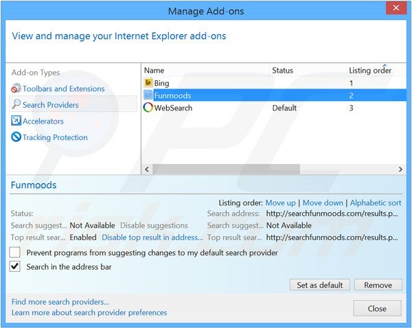 Suppression du moteur de recherche par défaut de searchfunmoods.com dans Internet Explorer 