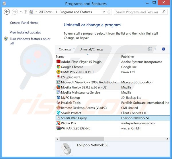 Désinstallation du logiciel de publicité smartofferdisplay via le Panneau de Configuration