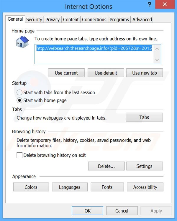 Suppression de la page d'accueil de websearch.thesearchpage.info dans Internet Explorer 