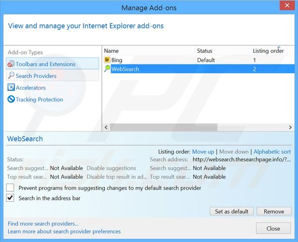 Suppression du moteur de recherche par défaut de websearch.thesearchpage.info dans Internet Explorer