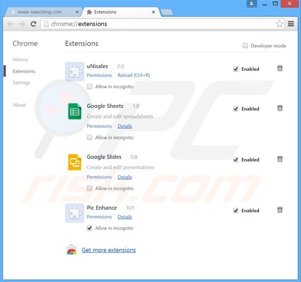 Suppression des extensions reliées à www-searching.com dans Google Chrome 