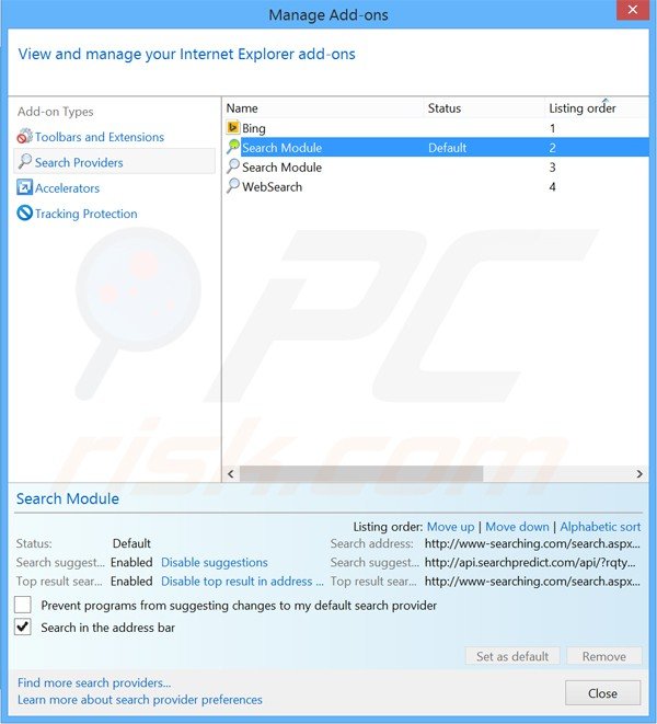 Suppression du moteur de recherche par défaut de www-searching.com dans Internet Explorer 