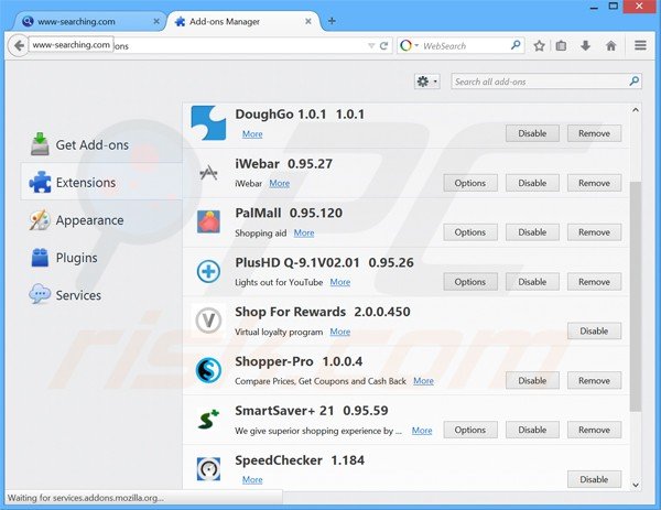 Suppression des extensions reliées à www-searching.com dans Mozilla Firefox 