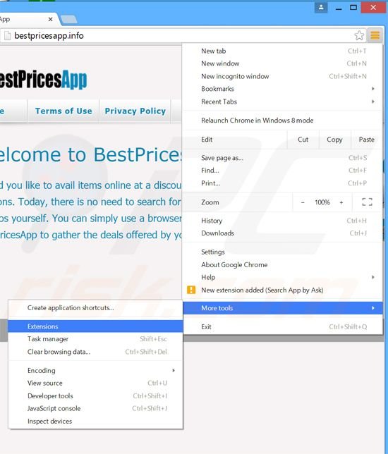 Suppression des publicités BestPricesApp  dans Google Chrome étape 1