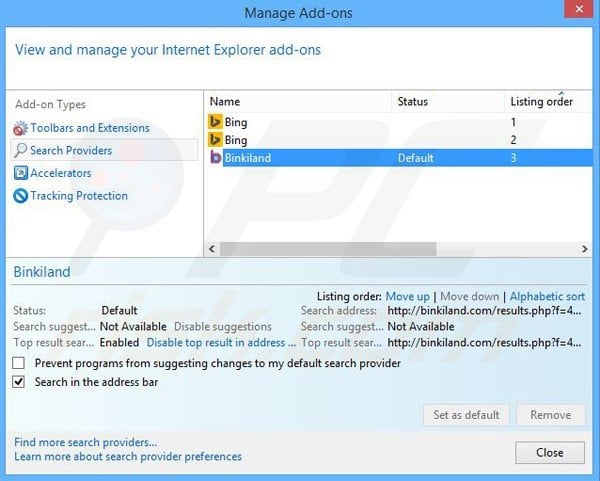 Suppression du moteur de recherche par défaut de binkiland.com dans Internet Explorer