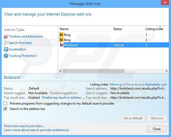 Suppression du moteur de recherche par défaut de binkiland.com dans Internet Explorer