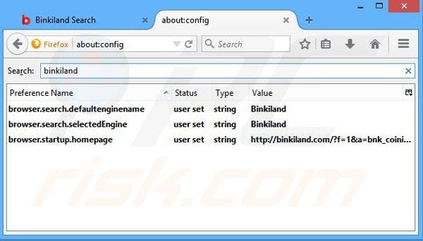 Suppression du moteur de recherche par défaut de binkiland.com dans Mozilla Firefox 
