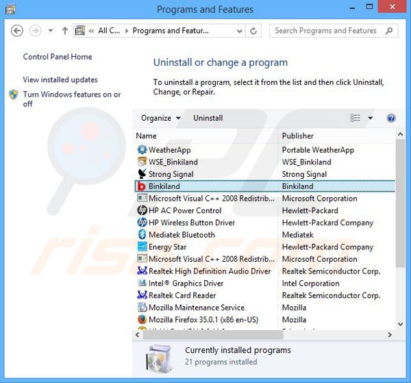 Désinstallation du pirate de navigateur binkiland.com via le Panneau de Configuration