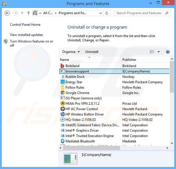 Désinstallation du logiciel de publicité BrowserSupport via le Panneau de Configuration