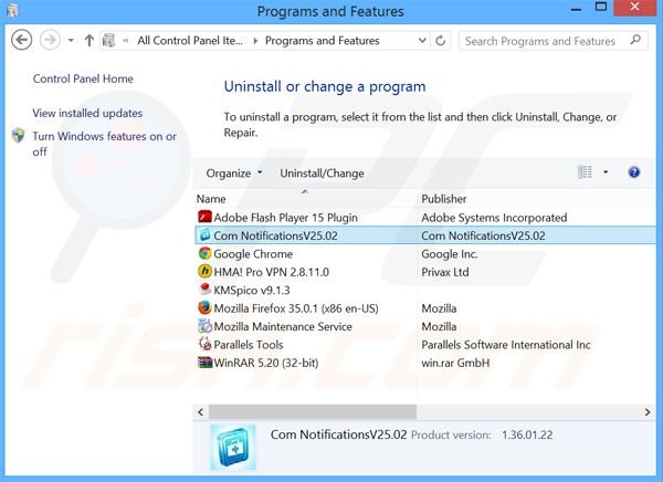 Désinstallation du logiciel de publicité Com Notification via le Panneau de Configuration