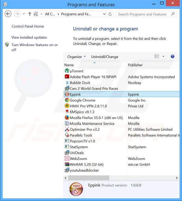 Eppink adware uninstall via Control Panel