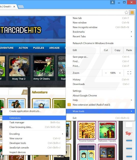 Suppression des publicités GreatArcadeHits dans Google Chrome étape 1