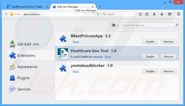 Suppression des publicités Healthcare Gov Tool dans Mozilla Firefox étape 2