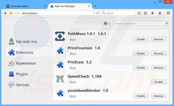Suppression des extensions reliées à jamenize.com dans Mozilla Firefox 