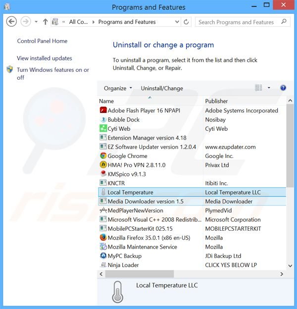 Local Temperature adware uninstall via Control Panel
