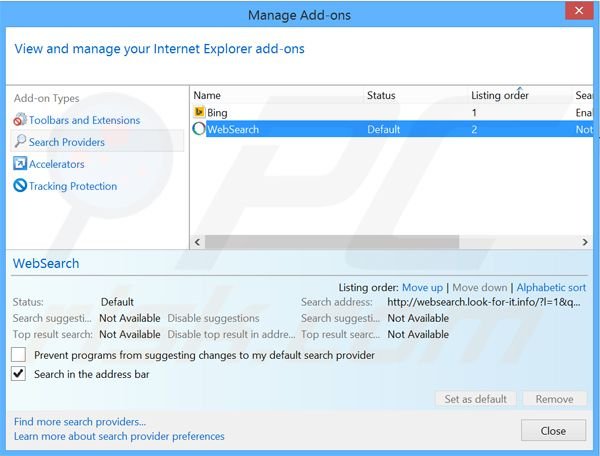 Suppression du moteur de recherche par défaut de websearch.look-for-it.info dans Internet Explorer 