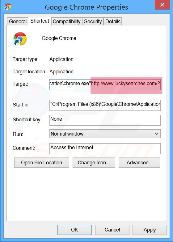 Suppression du raccourci cible de luckysearches.com dans Google Chrome étape 2