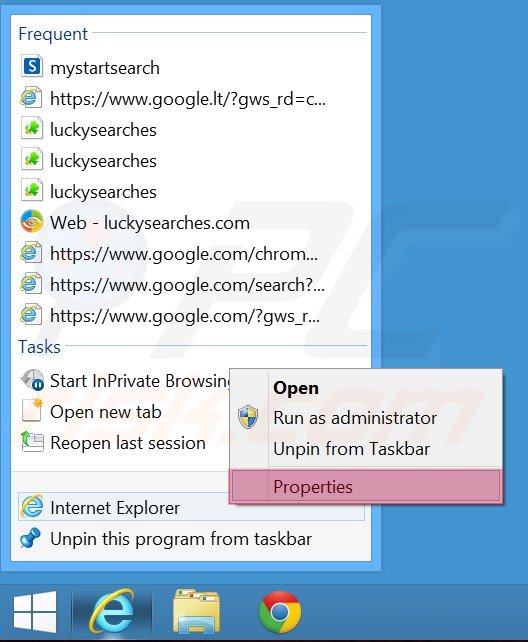 Suppression du raccourci cible de luckysearches.com dans Internet Explorer étape 1
