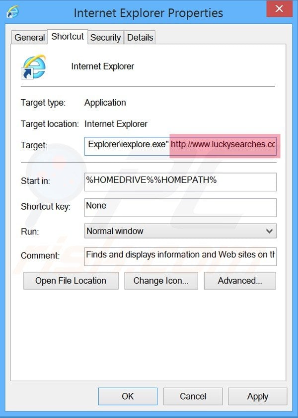 Suppression du raccourci cible de luckysearches.com dans Internet Explorer étape 2