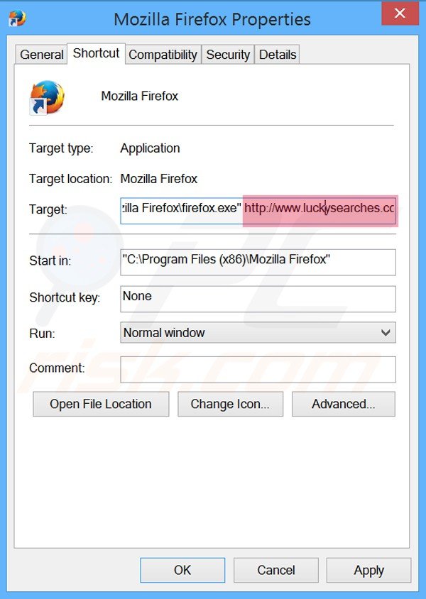 Suppression du raccourci cible de luckysearches.com dans Mozilla Firefox étape 2